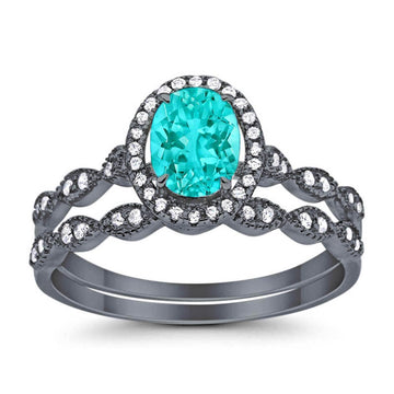 Halo Bridal Set Piece Oval Black Tone, Simulated Paraiba Tourmaline CZ Ring 925 Sterling Silver